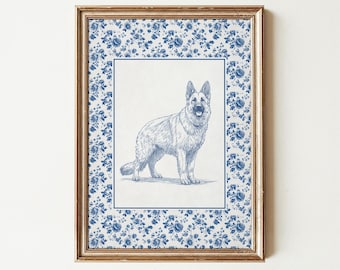 Floral German Shepherd Wall Art Print, Blue Chinoiserie GSD Sketch Painting, Toile De Jouy Decor