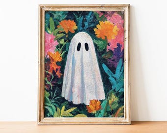 Floral Ghost Wall Art Print, Cute White Ghost Watercolor Painting, Vibrant Gothic Decor
