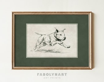 May include: A framed art print featuring a running dog illustration in black and white. The dog is depicted mid-stride, with detailed linework. The print is set against a green background and framed in gold. The text "FABOLYNART ART PRINTS" is at the bottom.