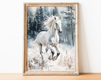 Running Horse Print, Cozy Winter Landscape Wall Art, Rustic White Horse Watercolor Painting, Cozy Forest