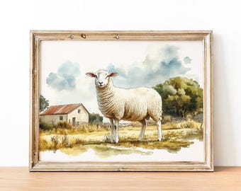 Sheep Art Print, Farm Animal Wall Art, Rustic Sheep Watercolor Painting, Country Farmscape