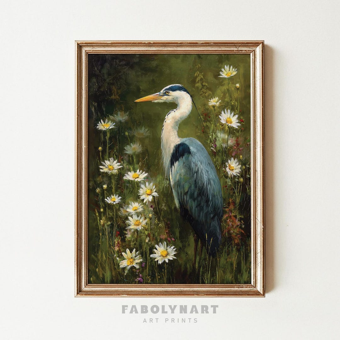 Vintage Blue Heron Wall Art Print, Moody Bird Painting Decor, Floral ...