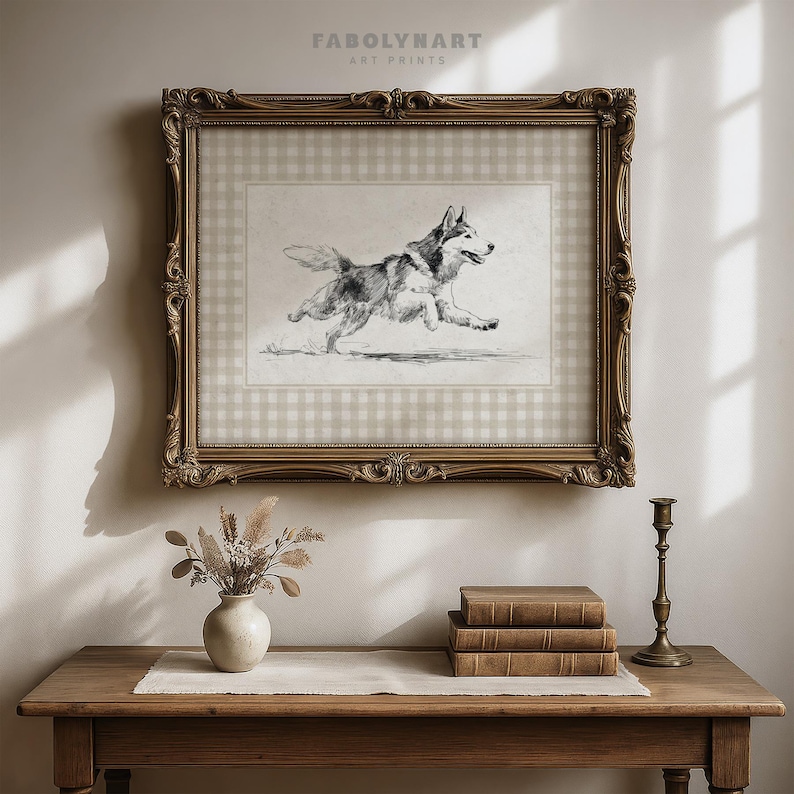 Dog Art Print, Dog Running Wall Art, Vintage Dog Illustration, Framed Dog Artwork, Classic Dog Home Decor, Dog Lover Gift, Dog Sketch Print