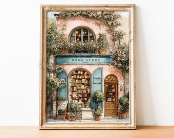 Vintage Bookstore Print, Floral Library Wall Art, Bookshop Watercolor Painting, Home Office Literary Art