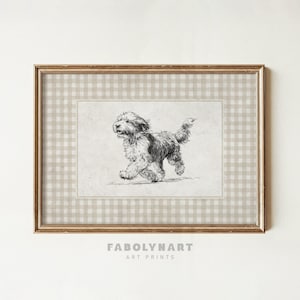 May include: A framed art print featuring a detailed pen and ink drawing of a running dog. The artwork is set against a beige and white checkered background, enclosed in a gold-colored frame. The text "FABOLYNART ART PRINTS" is at the bottom.