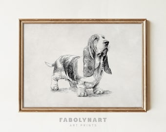 Vintage Basset Hound Wall Art Print, Minimalist Dog Sketch Painting Decor, Boho Neutral Nursery Decor