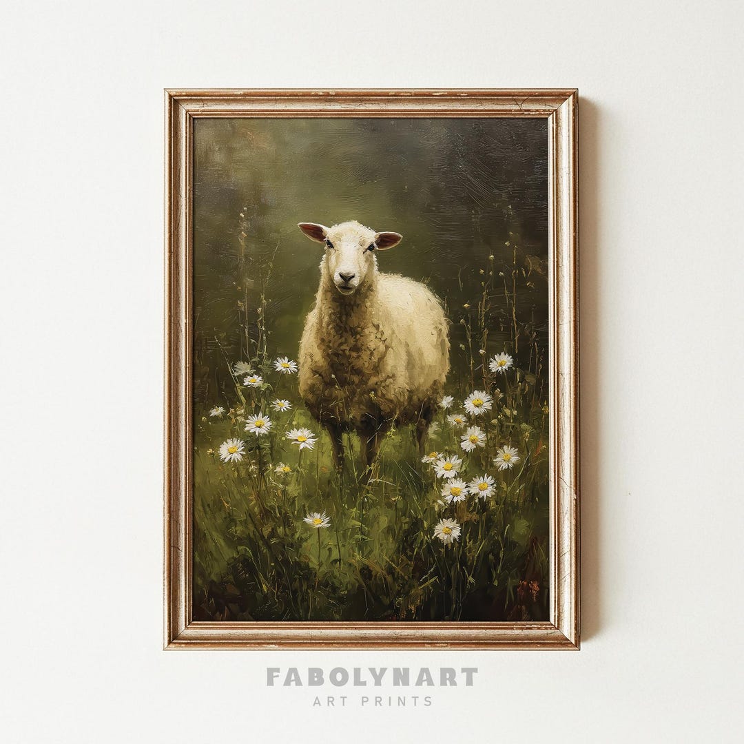 Vintage Sheep Wall Art Print, Moody Farm Animal Painting, Floral ...