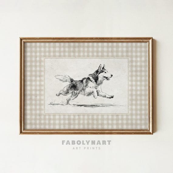 Gingham Husky with Zoomies Print, Vintage Running Dog Sketch Painting, Gift for  Dog Mom