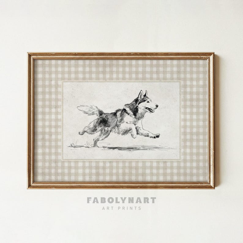 Husky Wall Art Print, Dog Illustration, Animal Drawing, Home Decor, Pet Lovers Gift, Rustic Framed Art, Vintage Style Decor, Cute Dog