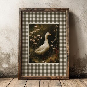 Vintage Goose Print, Moody Geese Wall Art, Neutral Dark Academia Home Decor, Rustic Gingham Art image 8
