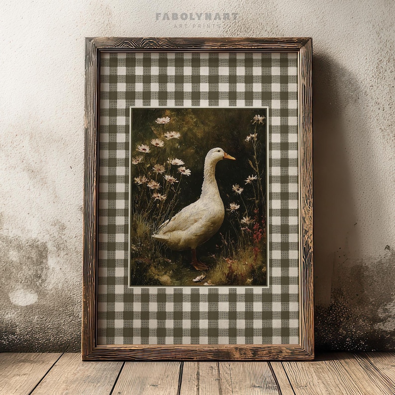 Vintage Goose Print, Moody Geese Wall Art, Neutral Dark Academia Home Decor, Rustic Gingham Art image 8