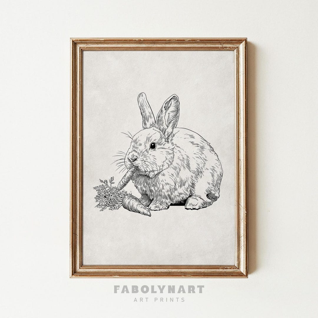 Rustic Print Rabbit Vintage Rabbit Wall Art Print, Minimalist Rustic Spring Decor, Neutral ...