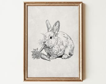 Vintage Rabbit Wall Art Print, Minimalist Rustic Spring Decor, Neutral Retro Bunny Print
