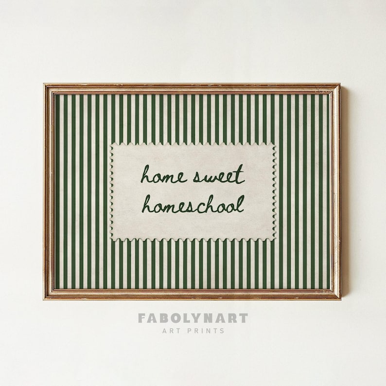 Framed art print with green and white stripes and text "home sweet homeschool."
