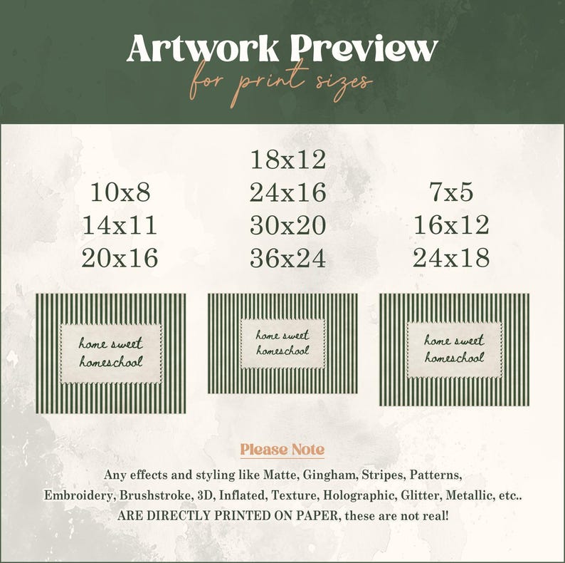 Artwork preview shows print sizes and three samples with "home sweet homeschool" text.