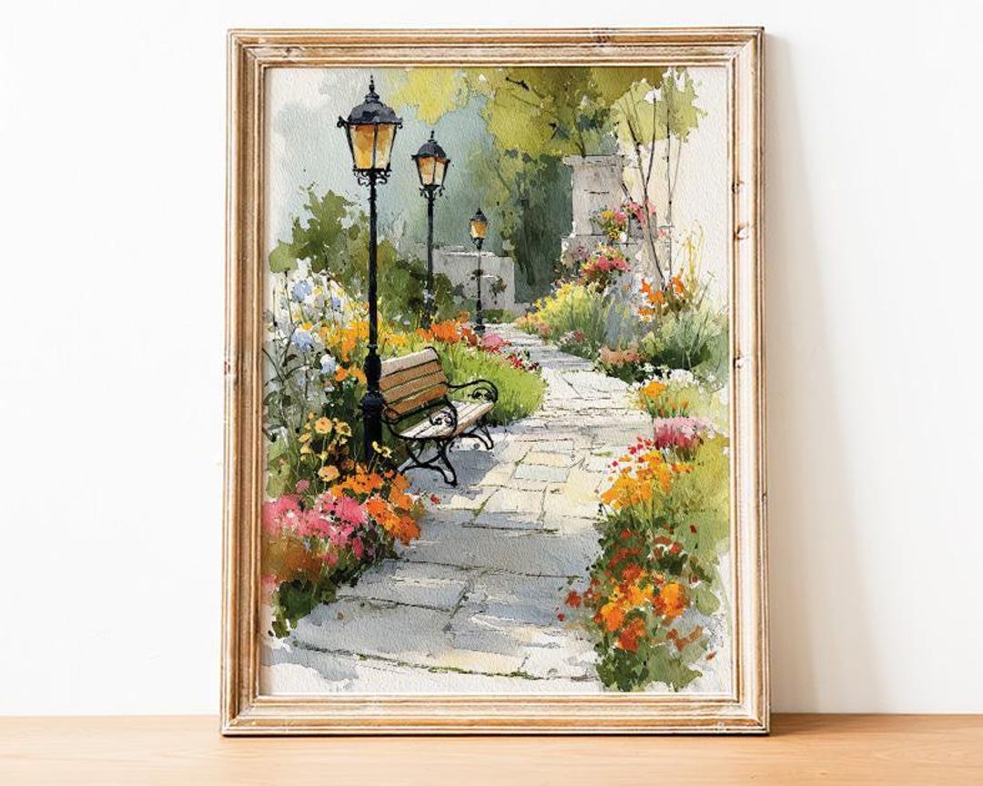 Floral Garden Path Wall Art Print, Abstract Flower Garden Watercolor ...