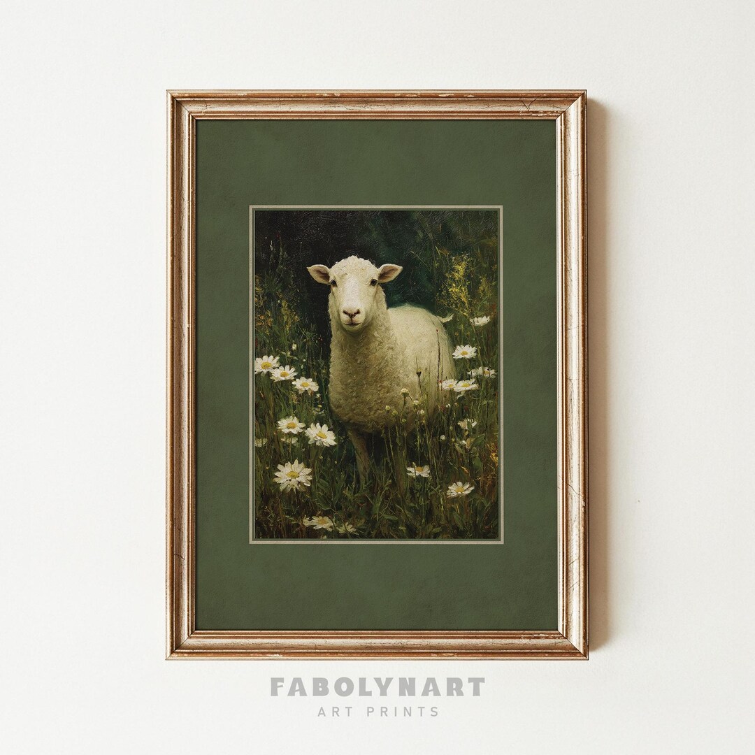 Vintage Sheep Wall Art Print, Sage Green Matte, Moody Farm Animal ...