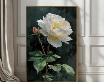 White Rose Wall Art Print, Still Life Floral Watercolor Painting, Antique Botanical Decor
