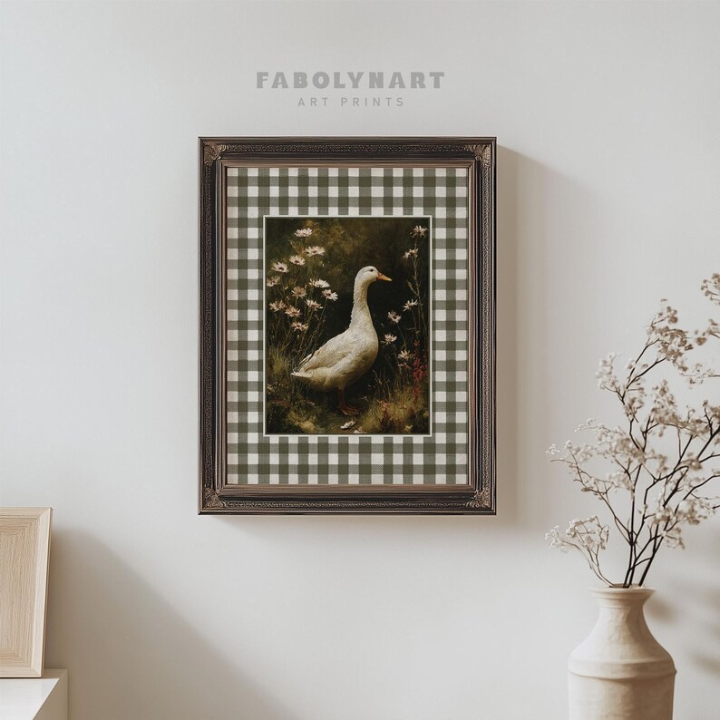 Vintage Goose Print, Moody Geese Wall Art, Neutral Dark Academia Home Decor, Rustic Gingham Art image 4