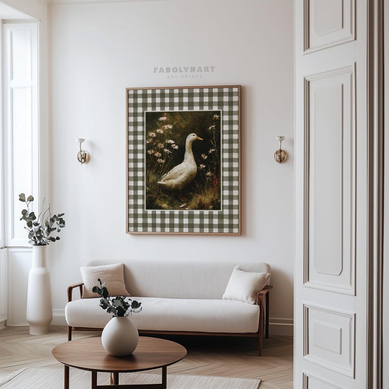 Vintage Goose Print, Moody Geese Wall Art, Neutral Dark Academia Home Decor, Rustic Gingham Art image 12
