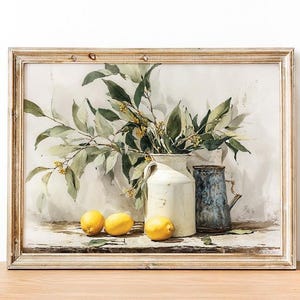 Printable Vintage Yellow Lemon Wall Art Print, Rustic Still Life Oil Painting, Farmhouse Kitchen Decor, Digital Download image 3