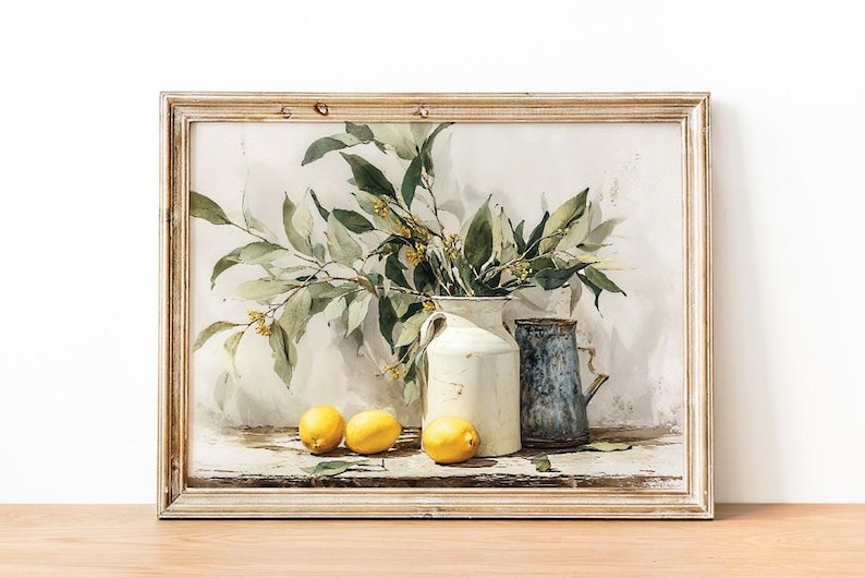 Printable Vintage Yellow Lemon Wall Art Print, Rustic Still Life Oil Painting, Farmhouse Kitchen Decor, Digital Download image 3