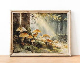 Rustic Mushroom Print, Woodland Wall Art, Forest Botanical Watercolor Painting, Vintage Farmhouse Decor