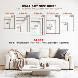 The image is a wall art size guide that provides the dimensions of different wall art sizes in various ratios, such as 3:4, 4:5, 2:3, 5:7, and 11:14. The guide is displayed on a wall, and there is a white couch and a coffee table in the foreground.