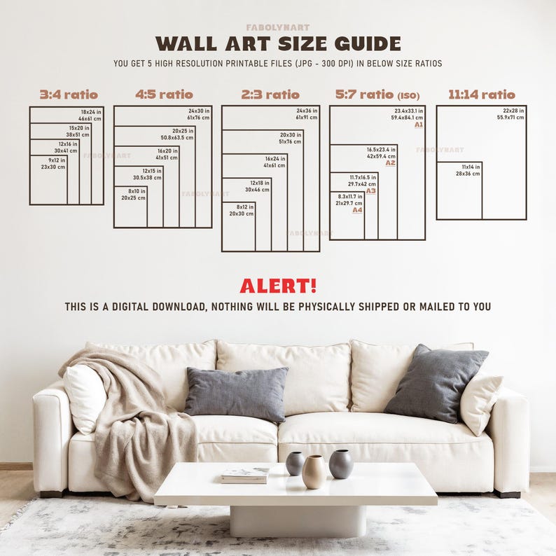 The image is a wall art size guide that provides the dimensions of different wall art sizes in various ratios, such as 3:4, 4:5, 2:3, 5:7, and 11:14. The guide is displayed on a wall, and there is a white couch and a coffee table in the foreground.