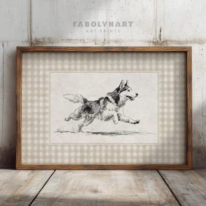 Dog Wall Art, Running Husky Sketch Print, Vintage Style Dog Drawing, Rustic Home Decor, Animal Art for Living Room, Dog Lover Gift