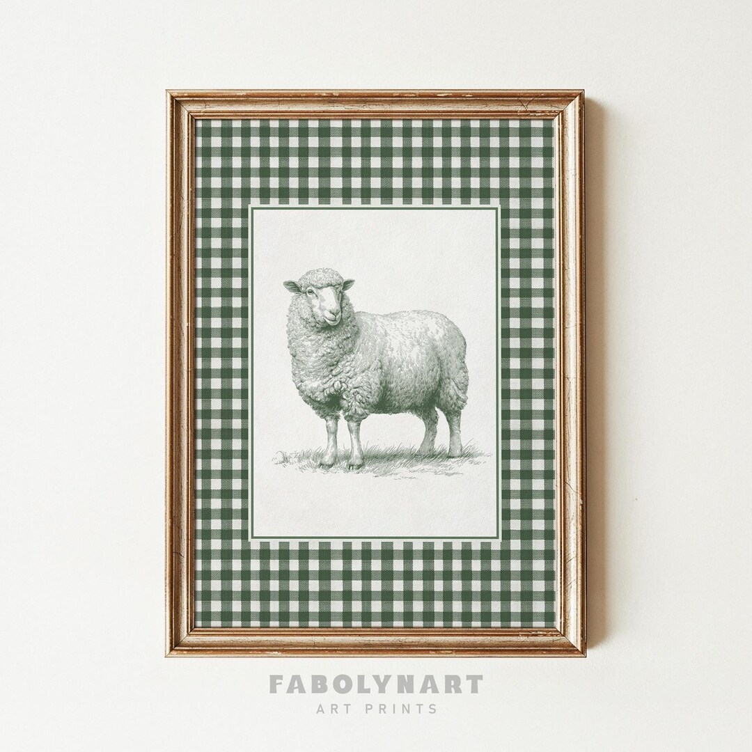 Vintage Sheep Wall Art Print, Sage Green Gingham Farm Animal Sketch ...