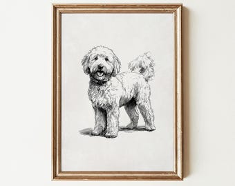 Vintage Goldendoodle Wall Art Print, Minimalist Doodle Dog Sketch Painting, Neutral Gift for Dog Mom
