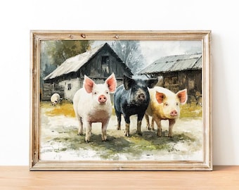 Farm Pigs Print, Farm Animal Wall Art, Rustic Pig Watercolor Painting, Country Farmscape