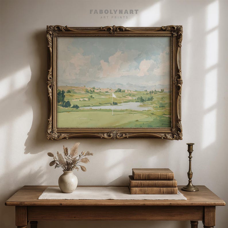 Vintage Golf Course Print Wall Art, Antique Sports Painting, Country Landscape Decor, Rustic Golf Club Poster image 2