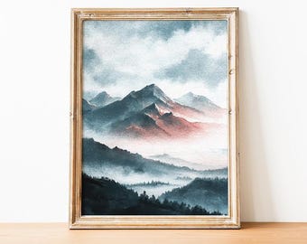 Abstract Moody Mountains Print, Landscape Wall Art, Mountain Peak Watercolor Painting, Misty Landscape Art
