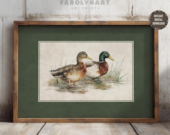 Printable Rustic Two Mallard Ducks Wall Art Print, Sage Green Vintage Hunting Decor, Retro Nature and Wildlife Print, Digital Download
