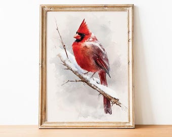 Red Cardinal Print, Cozy Winter Wall Art, Cardinal Watercolor Painting, Christmas Bird Art Print