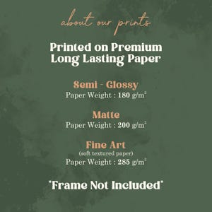 Print options: Semi-Glossy 180 g/m², Matte 200 g/m², Fine Art 285 g/m². Frame not included.