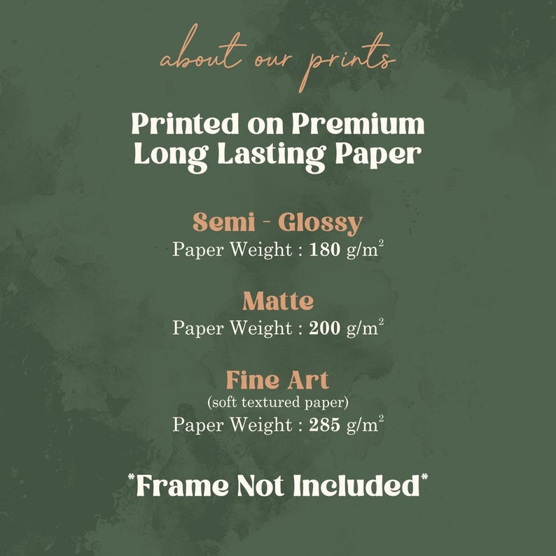 Print options: Semi-Glossy 180 g/m², Matte 200 g/m², Fine Art 285 g/m². Frame not included.