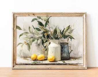 Vintage Yellow Lemon Wall Art Print, Rustic Still Life Oil Painting, Farmhouse Kitchen Decor