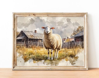 Vintage Sheep Art Print, Farm Animal Wall Art, Rustic Sheep Watercolor Painting, Country Farmscape