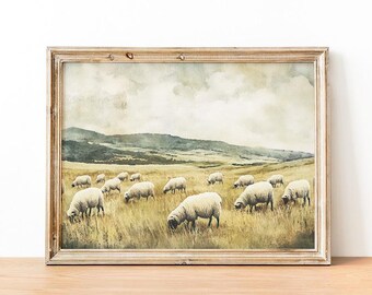 Vintage Herd of Sheep Art Print, Farm Animal Wall Art, Rustic Grazing Sheeps Watercolor Painting, Country Farmscape
