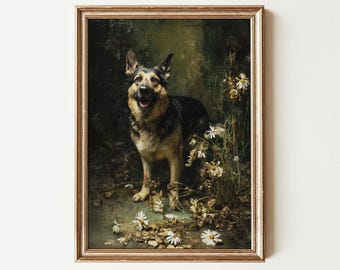 Vintage German Shepherd Wall Art Print, Floral GSD Painting, Moody Gift for Dog Mom