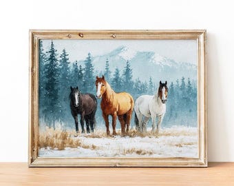 Cozy Horse Print, Winter Landscape Wall Art, Moody Wild Horses Watercolor Painting, Snowy Mountain Forest