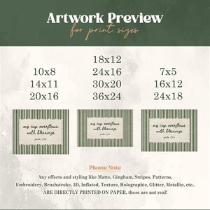 Artwork preview showing print sizes and three examples of "my cup overflows with blessings".