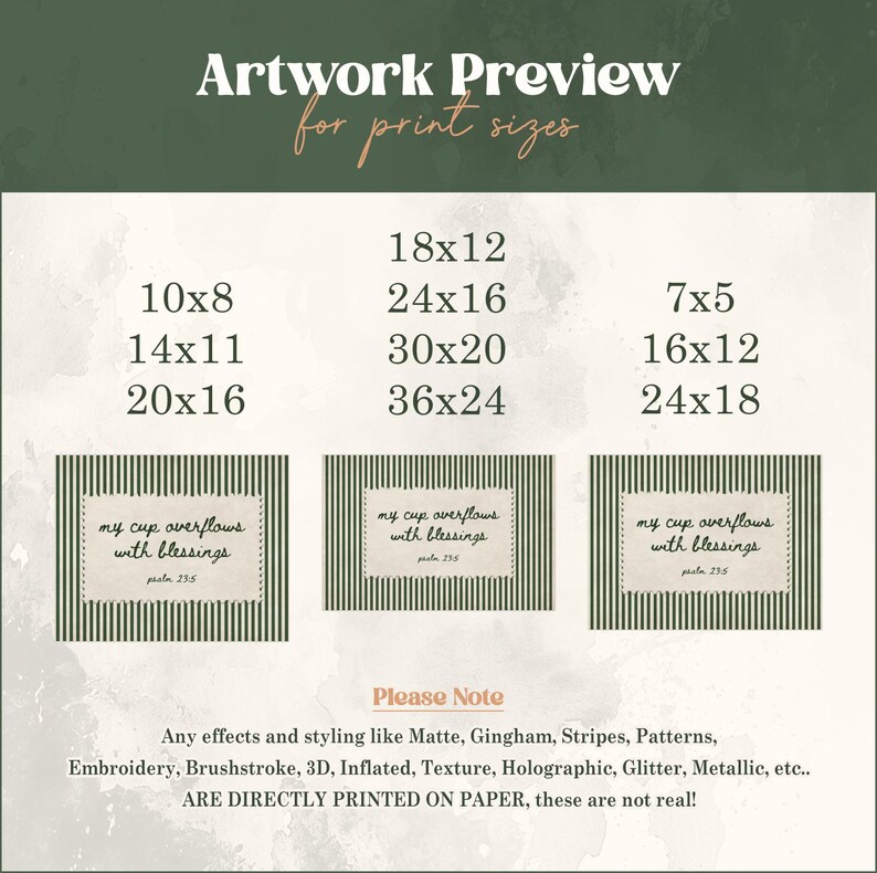 Artwork preview showing print sizes and three examples of "my cup overflows with blessings".