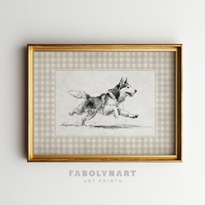 Husky dog wall art, dog sketch print, black and white wall decor, running husky art, dog lovers gift, framed animal drawing