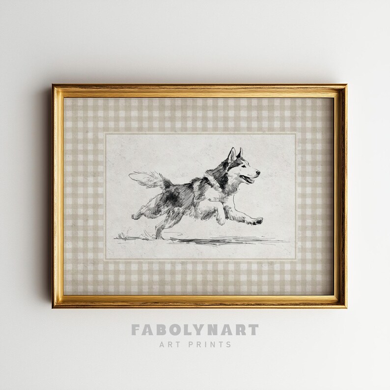 Husky dog wall art, dog sketch print, black and white wall decor, running husky art, dog lovers gift, framed animal drawing