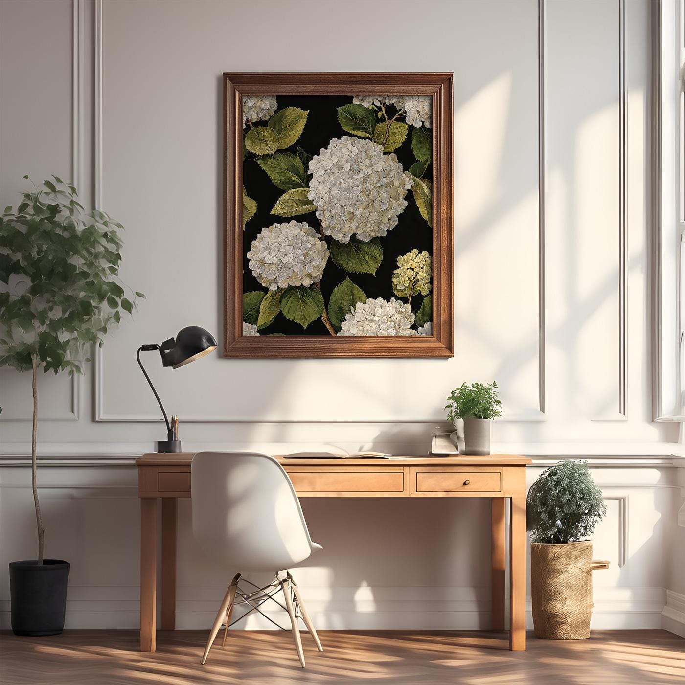 White Hydrangeas Wall Art Print, Floral Painting, Dark Botanical Decor ...