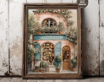 Printable Vintage Bookstore Print, Floral Library Wall Art, Bookshop Watercolor Painting, Home Office Literary Art, Digital Download